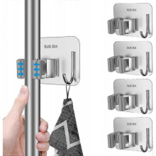4 Pack Mop Broom Holder, Wall Mount Stainless Steel No Drill Mop Holder with Hook, Mop Broom Organizer for Bathroom, Office, Kitchen, Closet, Garage (