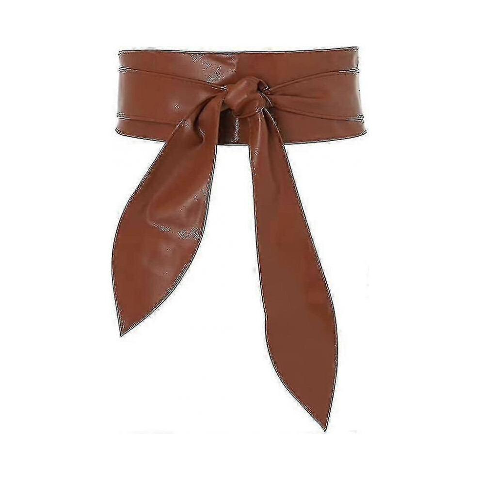 (Coffee) Women Wide Waist Belt Soft Leather Tied Wide Belt Bow Tie Waistband Sash Dress Belt Stylish Wrap Belt-image