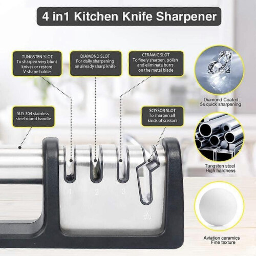4-in-1 3-Stage Professional Chef Kitchen Knife Sharpener and Scissor Sharpener, Tungsten, Diamond an 1