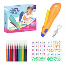 (Orange) Children Electric Spray Pen Airbrush Set with 12 Markers 30pcs Model Sheets Inkjet Painting Brush for Kids DIY Painting Drawing