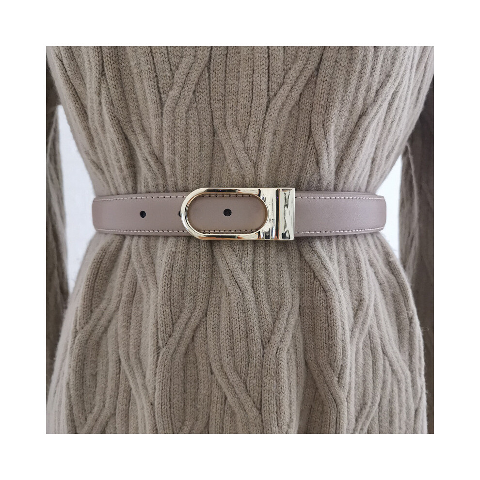 (Beige)Ceinture femme style minimaliste en cuir ovale boucle métal robe jean ceinture taille
