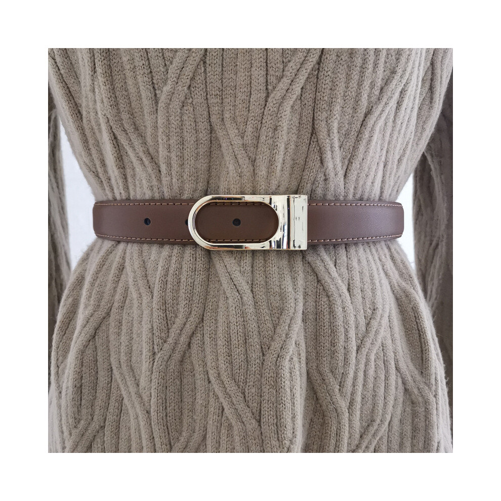 (Dark Brown)Ceinture femme style minimaliste en cuir ovale boucle métal robe jean ceinture taille