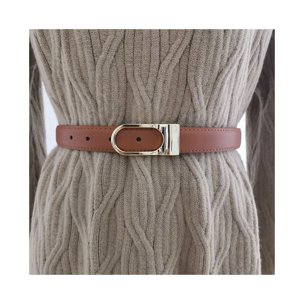 (Light Brown)Ceinture femme style minimaliste en cuir ovale boucle métal robe jean ceinture taille