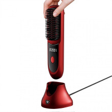 (Red) Hair Straightening Comb with Digital Display, USB Heated Hair Straightening Comb, Rechargeable Flat Iron Heating Curler, Hair Styling Tool
