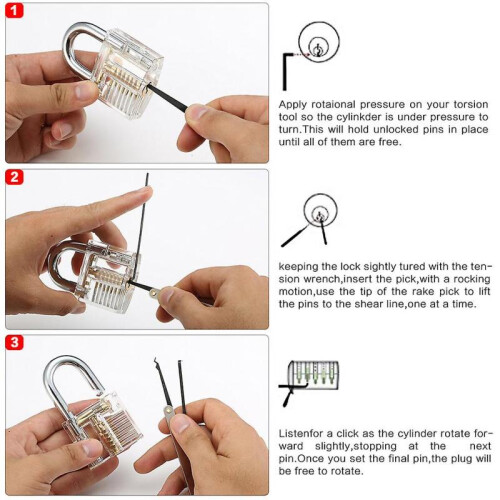 15Pcs Lock Pick Set with 2Pcs Keys 1pc Clear Training Padlock for Beginner Locksmiths 2
