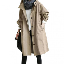 (M, Khaki) Women Windbreaker Jacket Casual Loose Button Pockets Hooded Windproof Waterproof For Outdoor Hiking