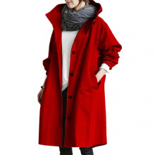(3XL, Red) Women Windbreaker Jacket Casual Loose Button Pockets Hooded Windproof Waterproof For Outdoor Hiking