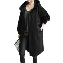 (5XL, Black) Women Windbreaker Jacket Casual Loose Button Pockets Hooded Windproof Waterproof For Outdoor Hiking