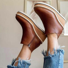 (42, Brown) Women's Premium Solid Colors Wedge Ankle Boots Round Toe Footwear Wedges Casual Shoes Fashionable