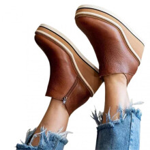 (40, Brown) Women's Premium Solid Colors Wedge Ankle Boots Round Toe Footwear Wedges Casual Shoes Fashionable