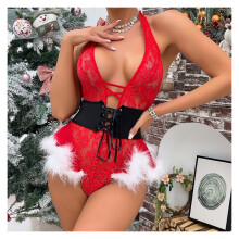 (XL) Abito natalizio sexy Cosplay Lingerie Donna Intimo corpo Halter Piuma Body Abbigliamento da notte