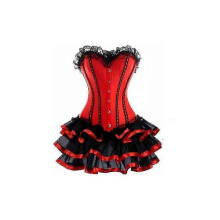 (S -Rosso) Corsetto burlesque sexy da donna con busto overbust e mini gonna tutu