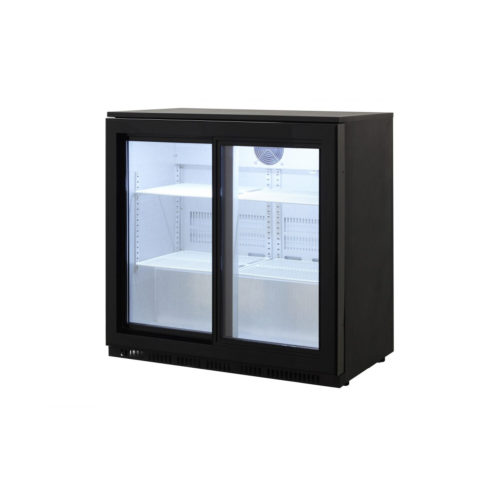 Cookology CCBF210BK Commercial 210 Litre Back Bar Beverage Cooler, Auto Defrost, LED Lights and Self Closing Sliding Doors - in Black