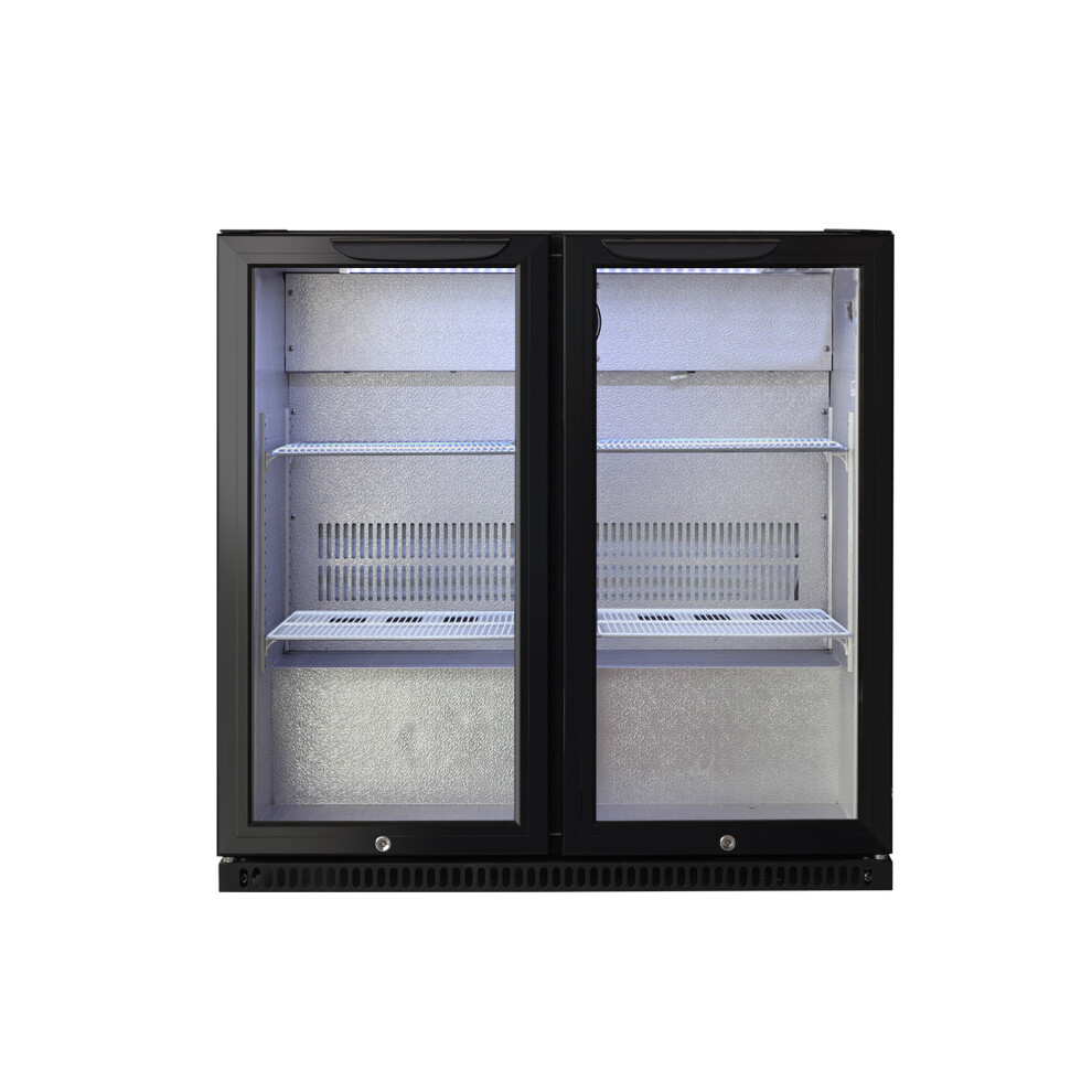 Cookology CCBFHI210BK Hinged Commercial 210 Litre Back Bar Beverage Cooler, Auto Defrost, LED Lights and Self Closing Doors - in Black