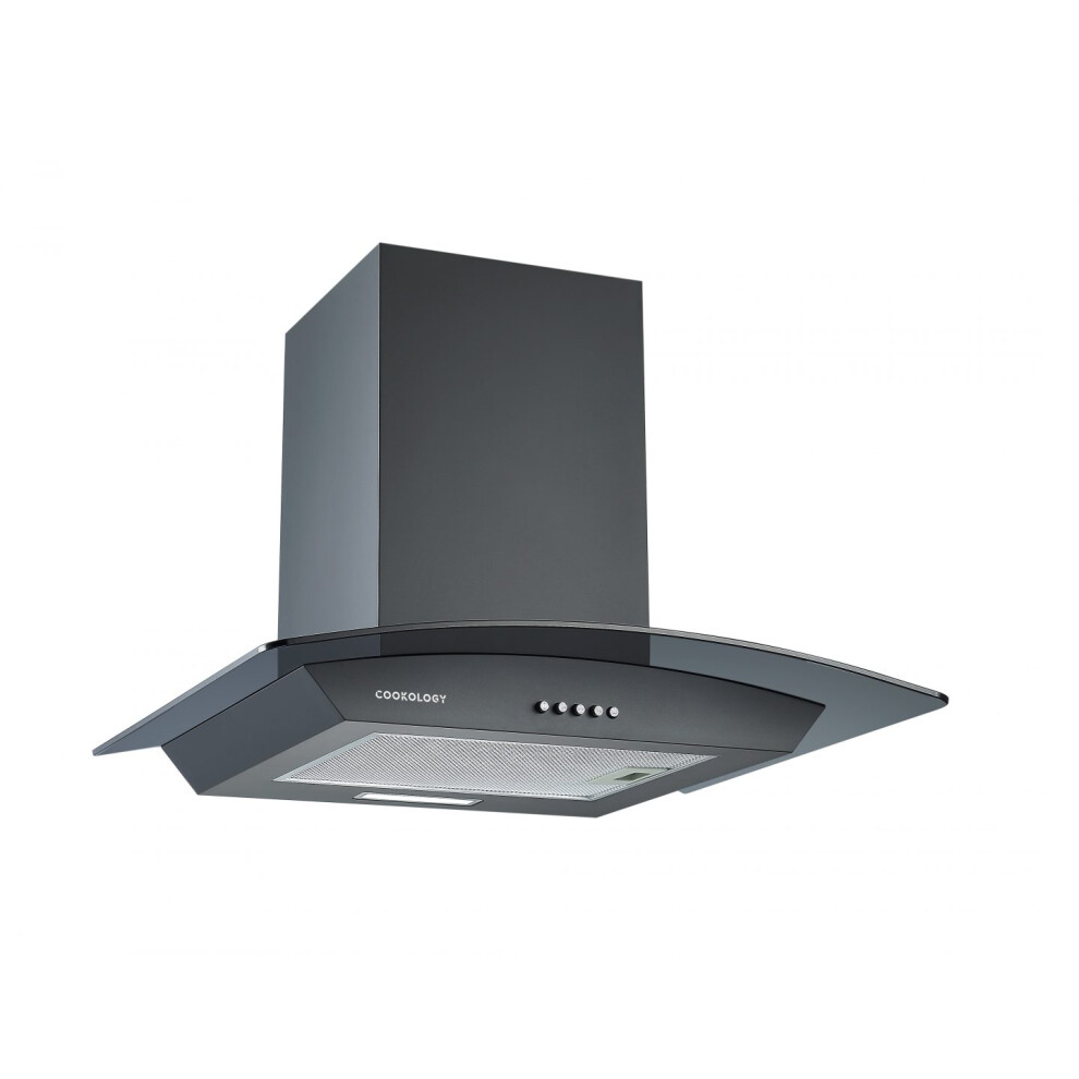 Cookology CGL600BK/A Energy A Rated Chimney Cooker Hood 60cm Kitchen Extractor Fan with Curved Glass, LED Light, 3 Speed Settings - In Black