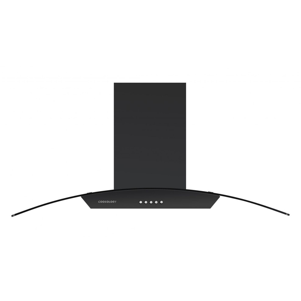 Cookology CGL900BK/A 90cm Curved Glass Chimney Cooker Hood, 3 Speeds, LED, Adj. Height, Recirculating - Black