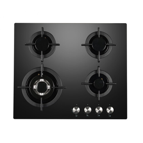 Cookology GGH606BK 60cm Built-in Gas-on-Glass Hob, 4 Burners with Powerful Wok Burner, Cast Iron Pan Supports, Auto Ignition, Black