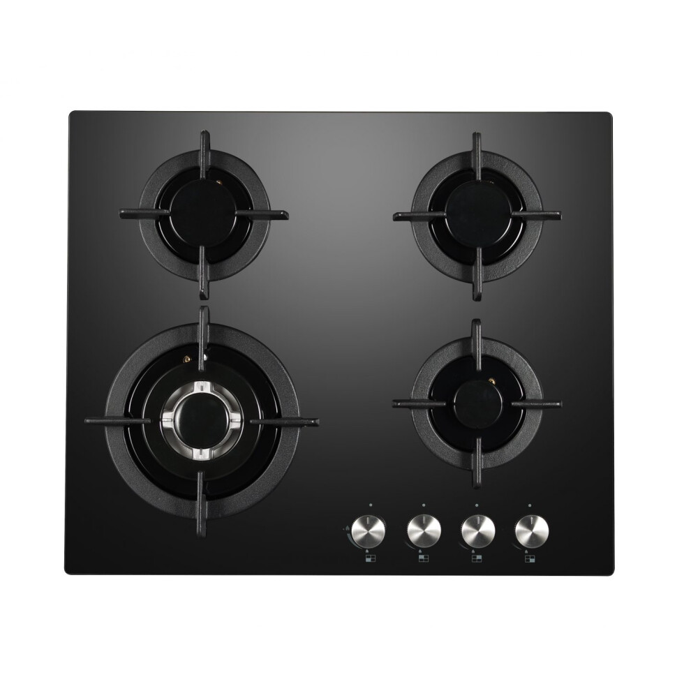 Cookology GGH606BK Gas Hob on Glass - 60cm Built-in 4 Burners - Powerful Wok Burner and Cast Iron Pan Supports - Auto Igniton - In Black