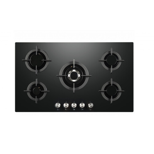 Cookology GGH906BK Gas Hob on Glass - 90cm Built-in 5 Burners - Powerful Wok Burner and Cast Iron Pan Supports - Auto Igniton - In Black