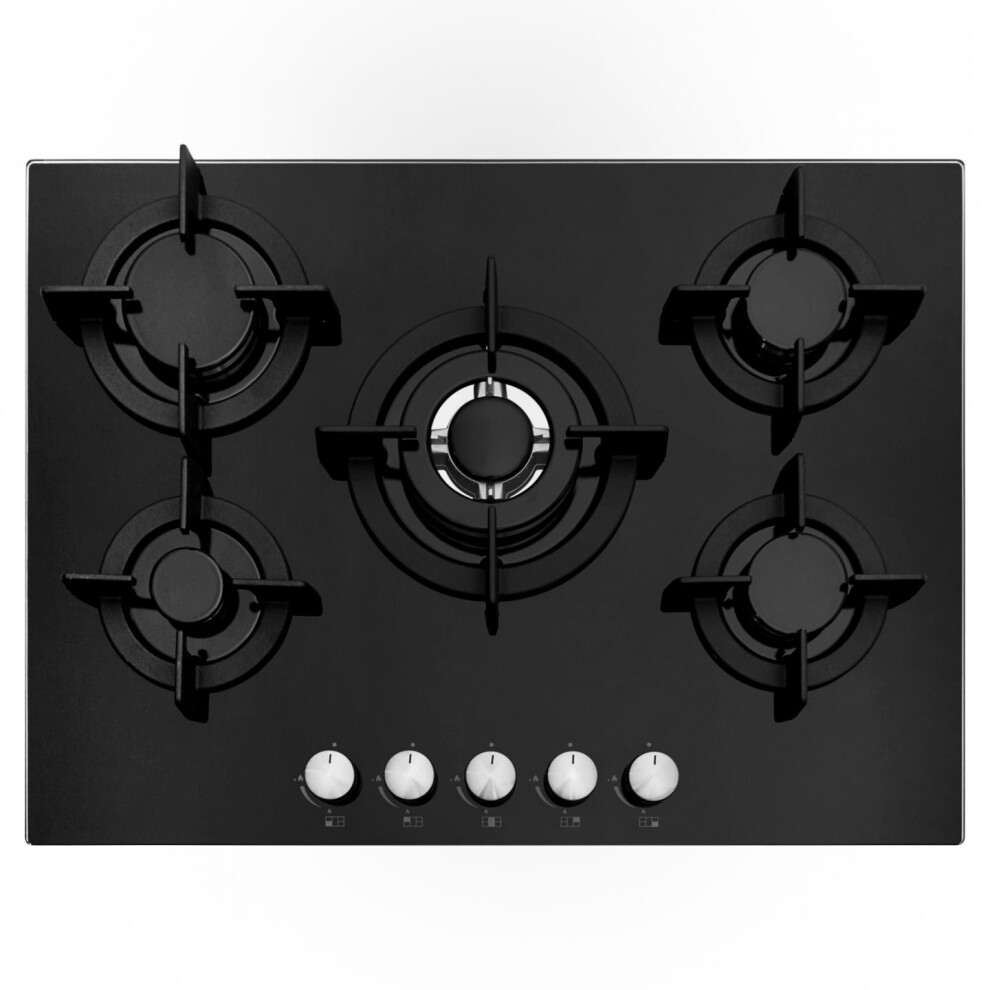 Cookology GGH705BK 70cm Gas Hob, 5 Burners, Wok Burner, Cast Iron Supports, Auto Ignition, Flame Safety - Black