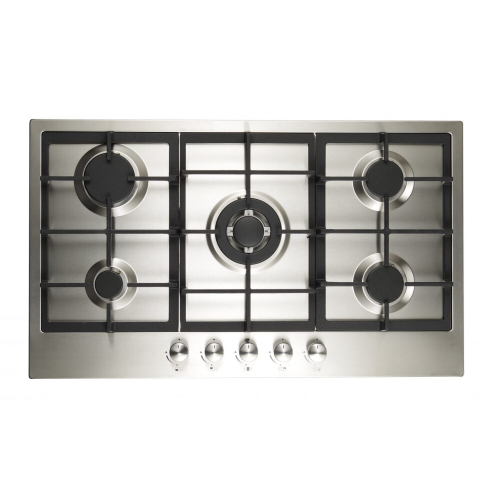Cookology Gh906ss Gas Hob Stainless Steel - 90Cm - Built-In 5 Burners - Cast Iron Pan Supports - Auto Igniton And Easy To Use Dials