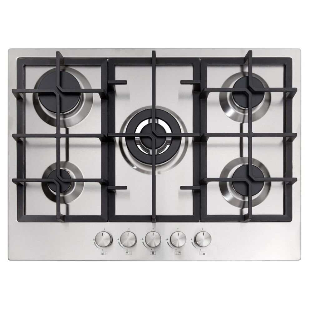 Cookology GH705SS 70cm Gas Hob, 5 Burners, Wok Burner, Cast Iron Supports, Auto Ignition, Flame Safety - Stainless Steel