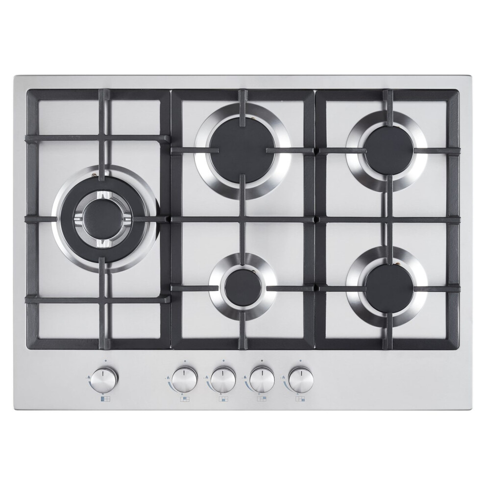 Cookology GH700SS 70cm Cooktop Burner Gas Hob in Stainless Steel - 5 Cooking Zones - Cast Iron Pan Supports - Wok Burner - Automatic Ignition Dials