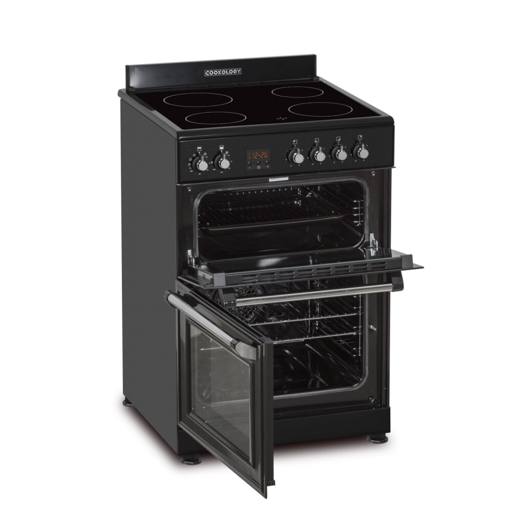 Cookology RETDO600BK Freestanding 60cm Wide, Retro Double Cavity Grill Oven Cooker with Ceramic 4 Zone Hob and Analogue Dials - in Black