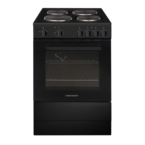 Cookology CFSP600BK/1 60cm Freestanding Electric Cooker, 68L, Solid Plate Hob, 4 Zones, Analogue Dials - Black