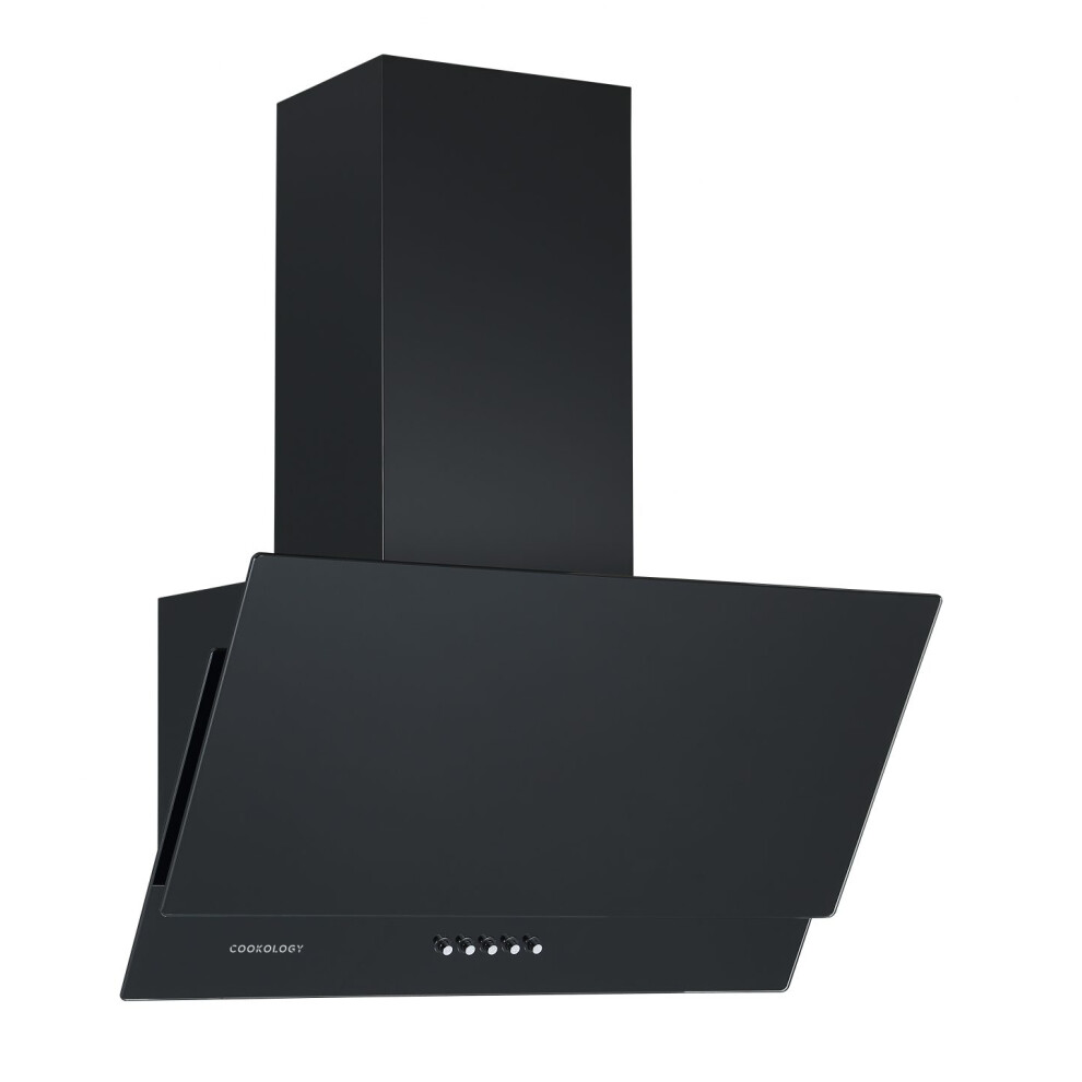 Cookology CHA600BK/A 60cm Angled Glass Cooker Hood, Wall Mounted, 3 Speeds, 315m³/hr, LED Lights - Black