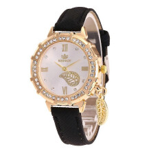 (Red, One size) Roman Numbers Rhinestone Leaf Charm Faux Leather Band Quartz Watch
