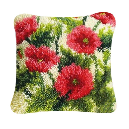 (As show, One size) Red Flower Latch Hook Pillow Making Kit for Beginners Latch Hooking Crafts