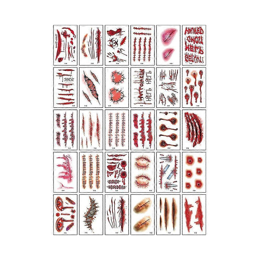 (As show, One size) Zihaisheng Litzee 60 Sheets Of Realistic Fake Bloody Wound Stickers Halloween Tattoos Stickers Temporary Facial Stitch Scar Scab D