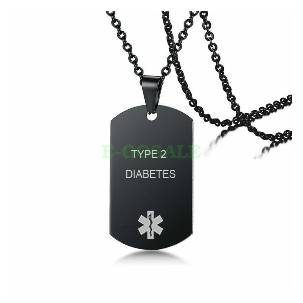 (TYPE 2 TIABETES) Black Stainless Steel Emgerency Medical Alert ID Pendant Necklace Hot