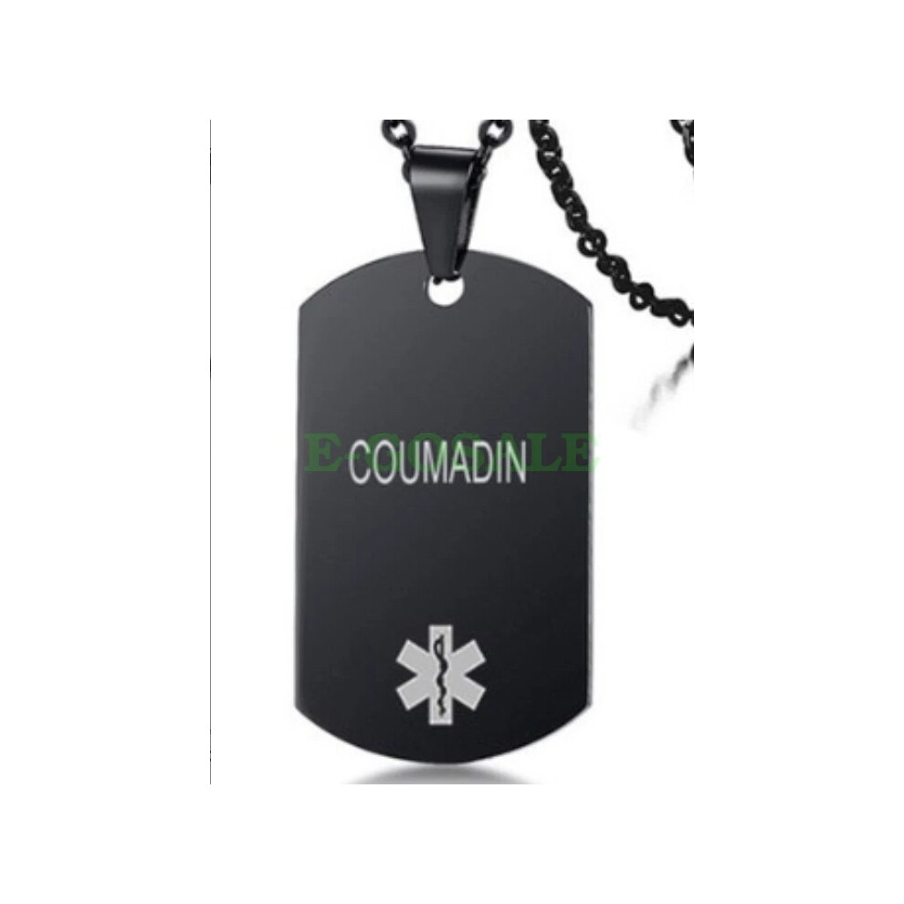 (COUMADIN) Black Stainless Steel Emgerency Medical Alert ID Pendant Necklace Hot