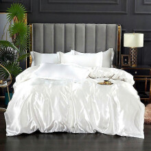 (200x230cm 4pcs, silver gray) Zihaisheng Solid color imitation silk bedding, high-grade satin bed linen quilt cover pillowcase four-piece set