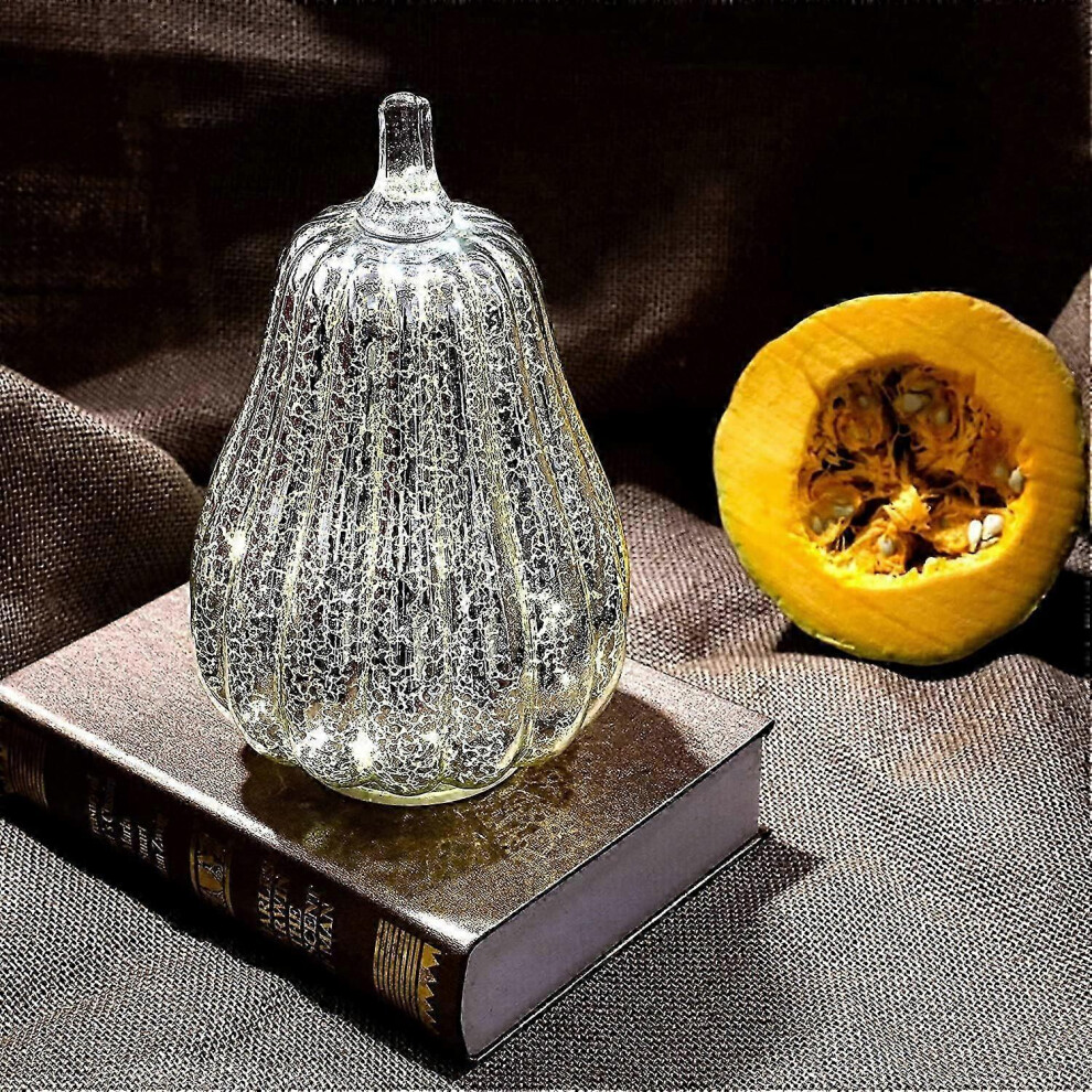 (As show, One size) Mercury Glass Pumpkin - Battery-Operated Timer Function - Ideal Halloween Gift and Home Decor (Silver 8.7")