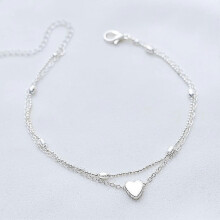 (As show, One size) Heart Pendant Layered Anklet - Sand Beach Bead - Women and Girls (Silver)