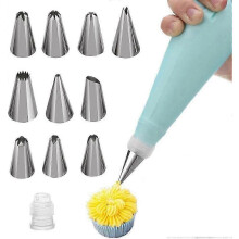 (As show, One size) Piping bag set piping bags with nozzles piping nozzles 12 pieces stainless steel different models piping bag reusable 1pcs nozzle converter 1pcs for b