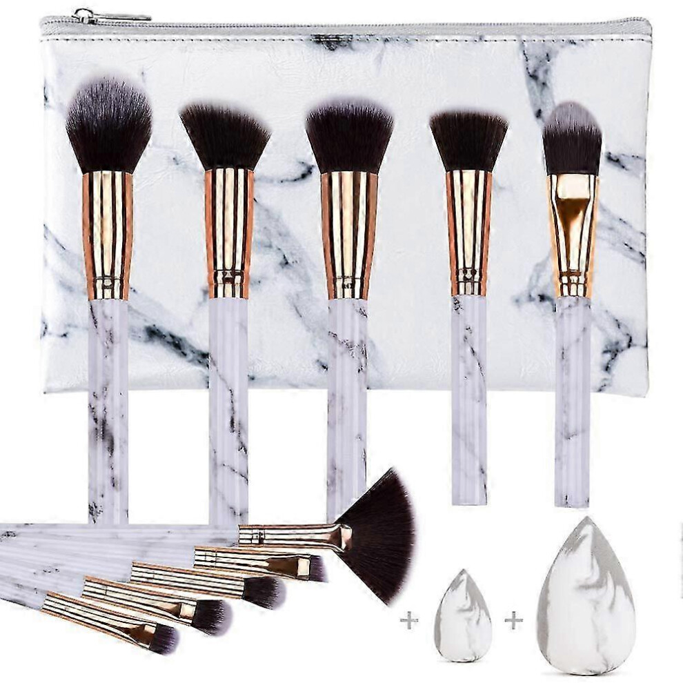 (As show, One size) soft and odorless natural synthetic bristles 10 brushes + 2 sponges + marble pattern cosmetic bag