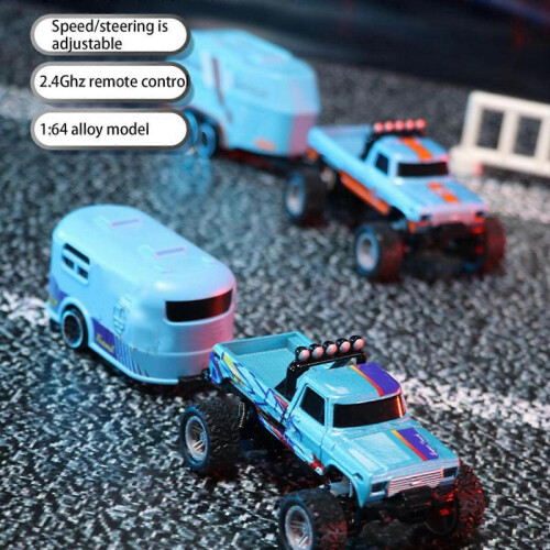 (Blue) 1:64 Scale Mini RC Truck USB Rechargeable Remote Control Car with Trailer js 1