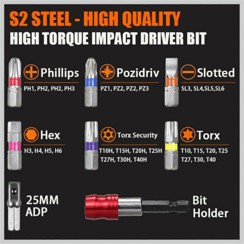 (Black) 32PCS Impact Driver Screwdriver Bit Set Drill Bits Torx 1/4" Hex Shank w/ Case js 1