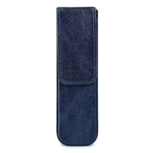 (Blue) 2-Slot Handmade Genuine Leather Pen Case Office Pencil Holder Pens Organizer Bag NEW