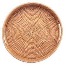 Round Rattan Woven Serving Tray with Handles Ottoman Tray for Breakfast, Drinks, Snack for Coffee Table, Home Decorative js