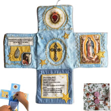 (Blue) Handcrafted Pocket Devotional - Faith Edition Cross-Shaped Fabric Pouch Sewing Pocket Devotional with Cross Saint Images Prayers