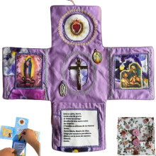 (Purple) Handcrafted Pocket Devotional - Faith Edition Cross-Shaped Fabric Pouch Sewing Pocket Devotional with Cross Saint Images Prayers