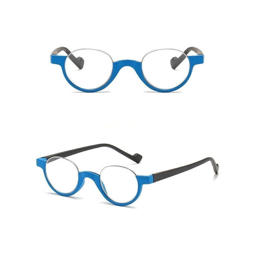 (= + 3,50, Blue) Half Rimless high-definition reading glasses Half Moon Round  Spring Hinges New