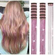 (Rose red) Ubeleco Black Hair Tinsel 12Pcs Clip in Hair Accessories 20.5 Inch Fairy Hair