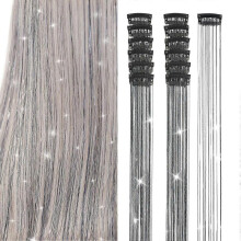(Black) Ubeleco Black Hair Tinsel 12Pcs Clip in Hair Accessories 20.5 Inch Fairy Hair
