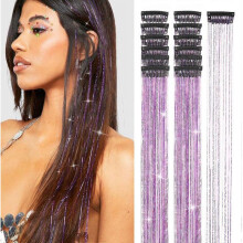 (Purple) Ubeleco Black Hair Tinsel 12Pcs Clip in Hair Accessories 20.5 Inch Fairy Hair
